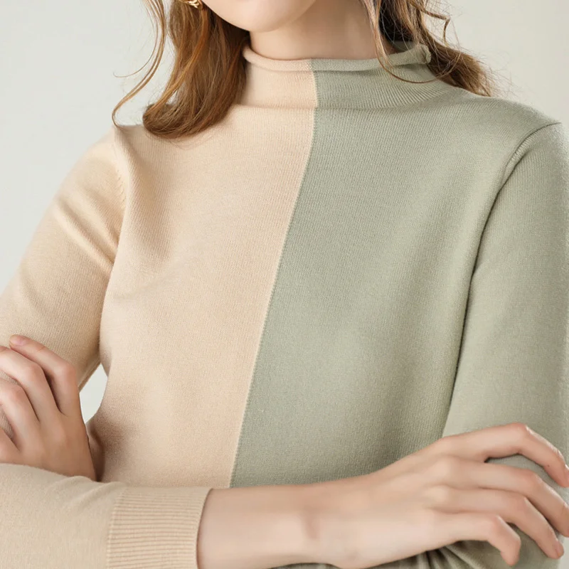 

New Creative Sweater Women Casual Autumn Winter Wool Curled Slim Bottoming Half High Neck Fashion Color Matching Vintage Tops
