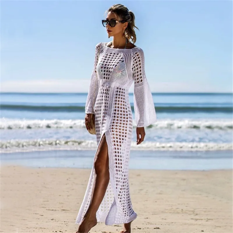 

Sexy Hollow Out Knitted Beach Dress Female Flared Sleeves Tunic Split Sheer Robe Crochet Cover Up Dress Women Swimsuit Coverups