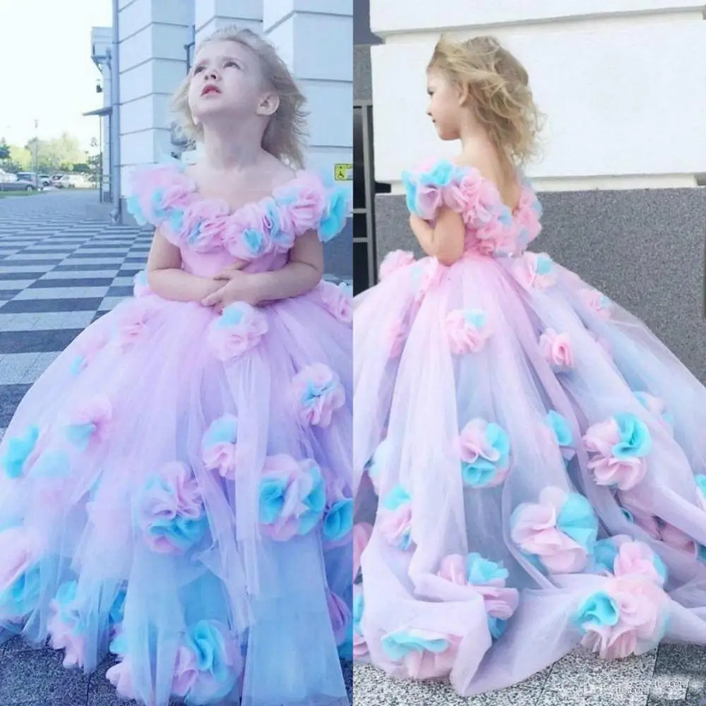 

Flower Girls Dresses for Weddings Scoop Multi-Colors Flowers Appliques Crystals Ball GownAppliques Lace First Communion Dresses