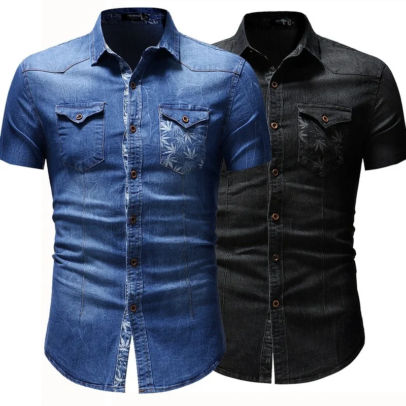 

Men Clothing 2021 Summer New Men's Short-sleeved Denim Shirt European American Personality Leaf Print Denim Shirt