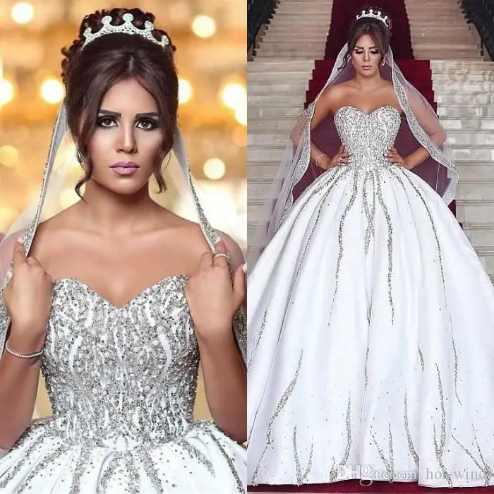

Sparkle Crystals Wedding Dresses Sweetheart Rhinestones Beaded A Line Satin Bridal Gowns Vintage Arabic Custom Made Wedding Gown