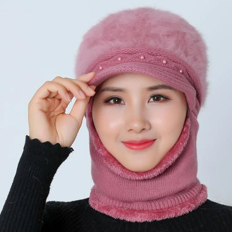 Высококачественные зимние шапки для женщин Skullies Beanie cap шляпки из шерсти набор теплая маска Gorras шапка из кроличьего меха Вязаная Шапка