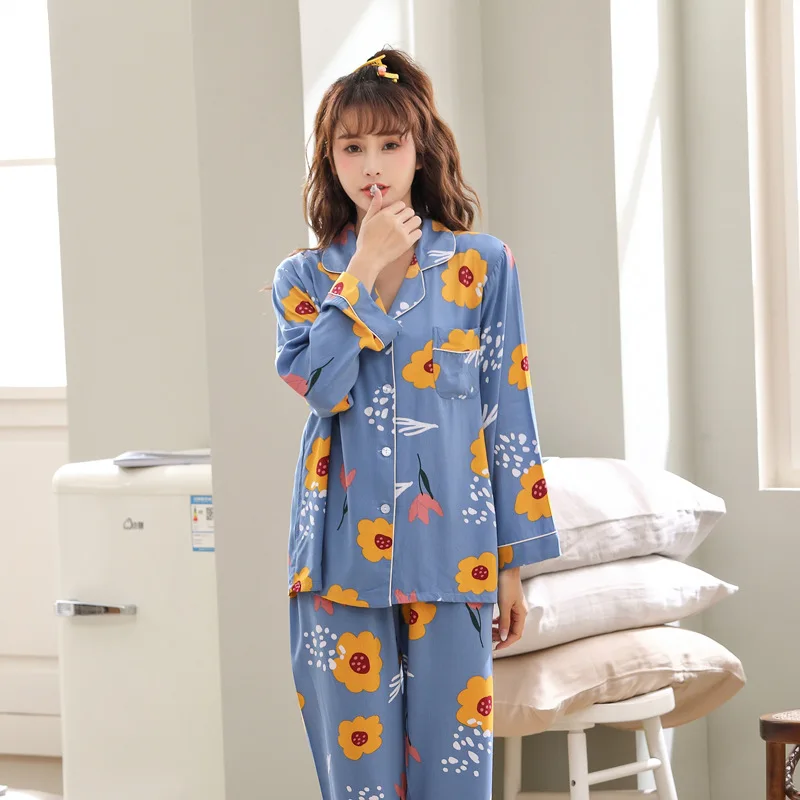 

2021 Summer Long Sleeve Lapel Pajamas Suit Comfortable Homewear Youthful Beautiful Soft Skin-Friendly Korean Nightwear Suit