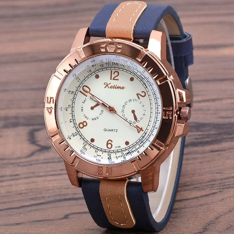 

Men's Fashion Sports Three Eyes Belt Men's Watch Classic Big Dial Blue Quartz Watch Men's Watch