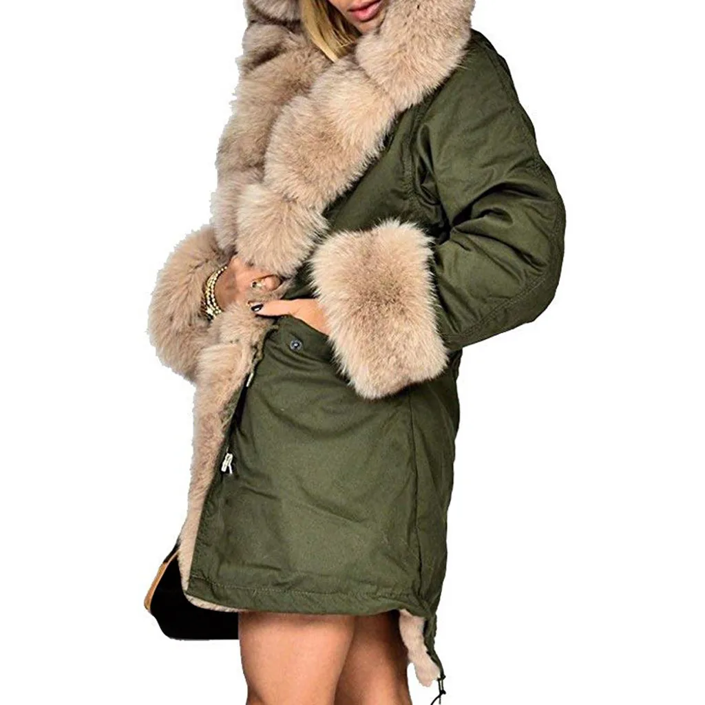 Женская куртка с капюшоном и меховым воротником теплая Длинная ветровка