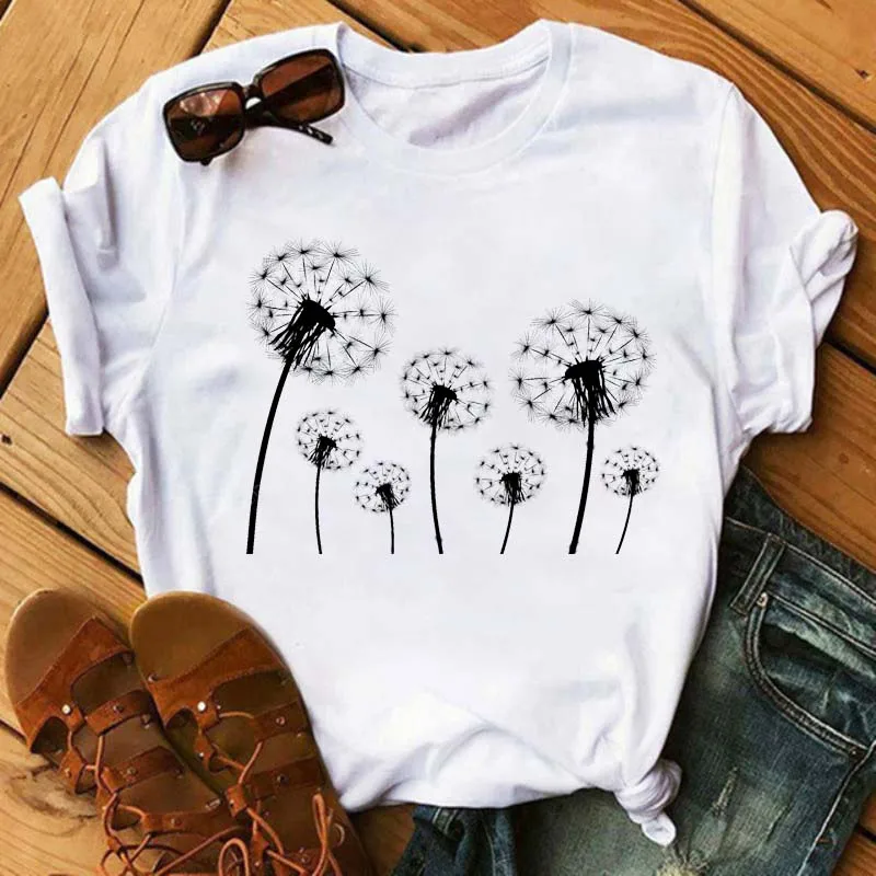 

Casual Short Sleeves Lady Tees Kawaii Graphic T Shirts Loose Oversize Female Tops Maycaur Lovely Dandelion Printed Women Tshirts