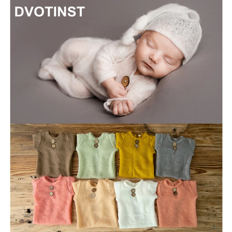 Dvotinst Newborn Photography Props Baby Outfits Overalls Knit Rompers Hats Fotografia Accessories Studio Shooting Photo Props