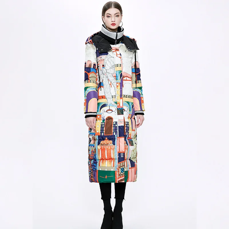 

Large Raccoon Hooded Thickening Down Jacket Women's X-Long abstract art Duck Feather Coat Windproof Waterproof Overcome