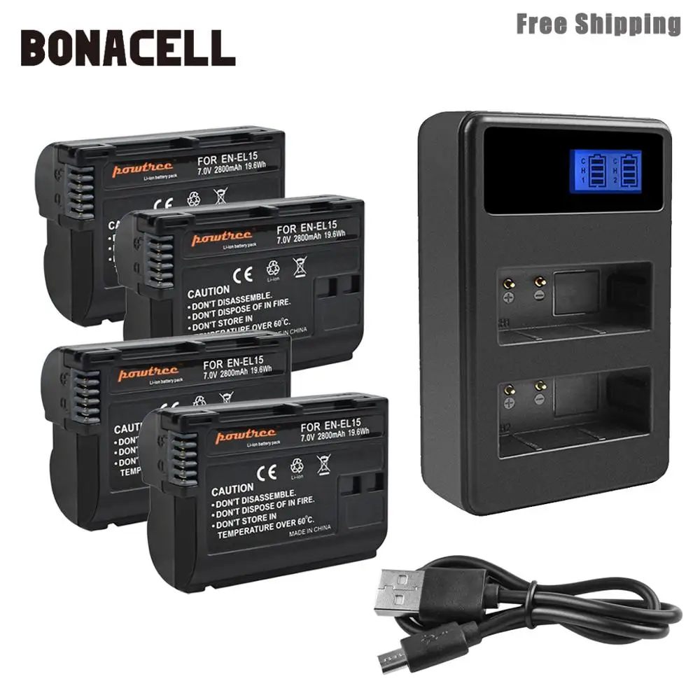 Bonacell 2800 мА/ч, EN-EL15 ENEL15 RU EL15 Камера Батарея+ ЖК-дисплей двойной Зарядное устройство для цифровых зеркальных фотокамер Nikon D600 D610 D800 D800E D810 D7000 D7100 L50 - Цвет: 4XBattery LCDCharger