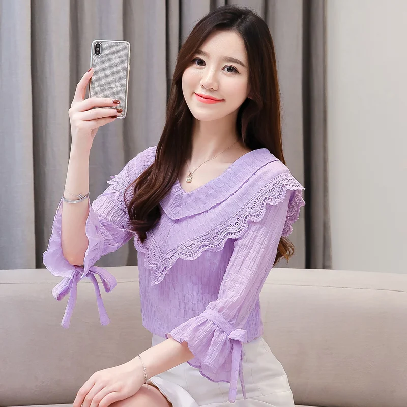 бант v-образный воротник шифон кружева Женские топы Модная рубашка Летние