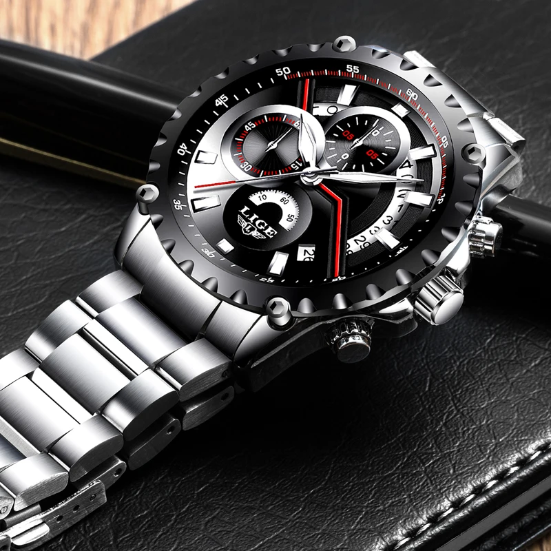 Модные мужские часы LIGE Топ бренд класса люкс Большой Циферблат