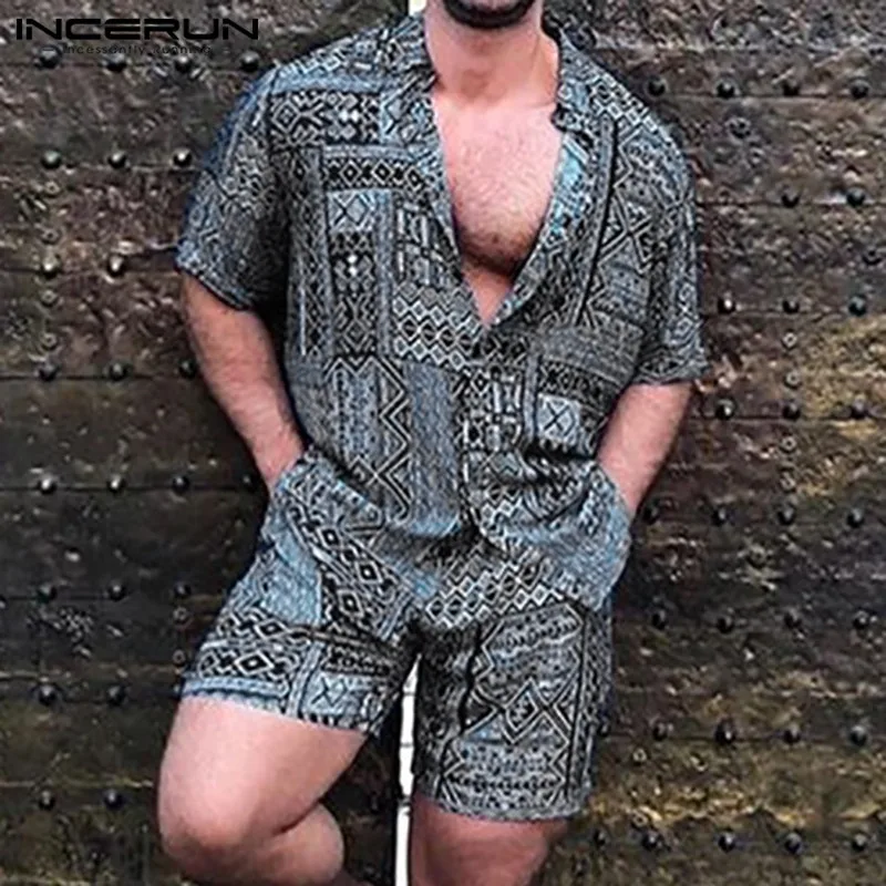 

INCERUN Men Printed Sets Hawaiian Lapel Short Sleeve Shirt Beach Shorts Streetwear Breathable Summer Vintage Men's Sets 2 Pieces