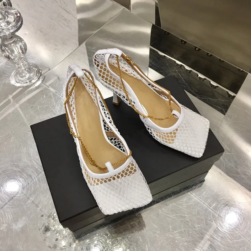 Hot Sale Shoes Woman Sandals Square Toe Metal Chain High Heels Designer Zapatos De Mujer | Обувь