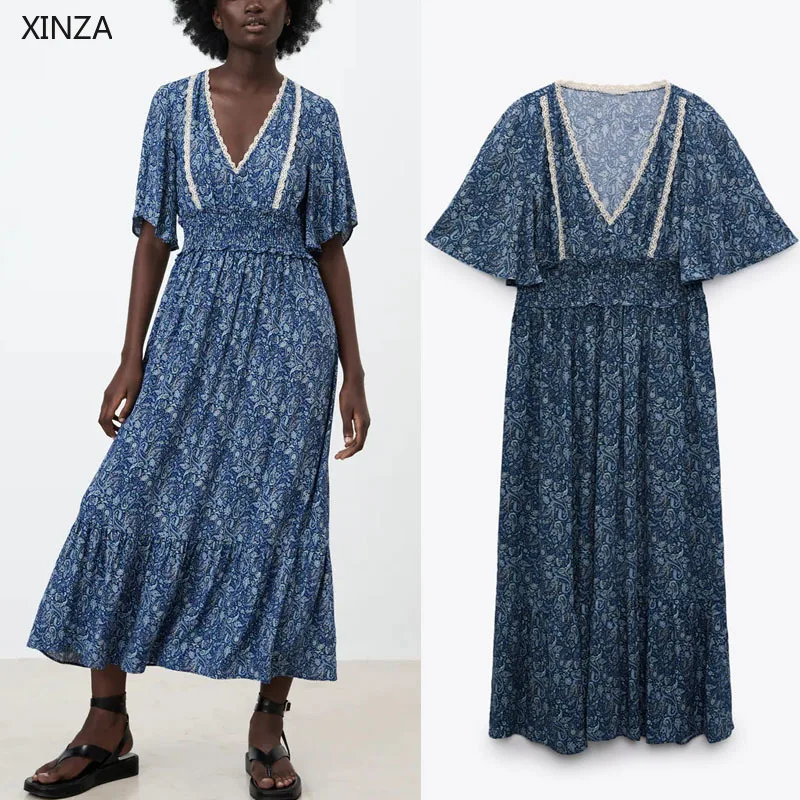 

Женское винтажное длинное платье Za, голубое платье с принтом пейсли, облегающее платье с коротким рукавом и эластичным поясом, шикарное пли...