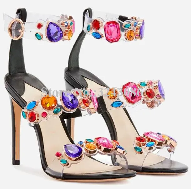 

New PVC Colorful Crystal Lady Sandals Fashion Design Stiletto Heel Rhinestone Women Dress Sandals Sexy Female Banquet Shoes
