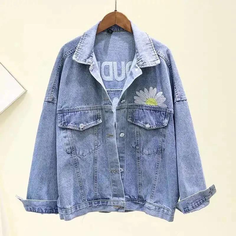 Куртка женская джинсовая с цветочной вышивкой винтажный Повседневный свободный
