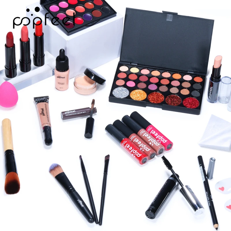 

POPFEEL 28pcs/set Makeup Kit Cosmetics Sponge Eyeshadow Lipsticks Makeup Brushes Eyebrow Pencil Concealer Beauty Tools with Bag