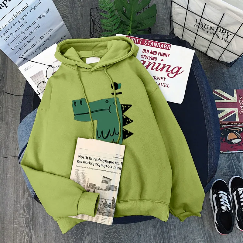 

2021 new female Hoodie winter Korean Plush thickened printed dinosaur loose white Long Sleeve Hoodie Top women