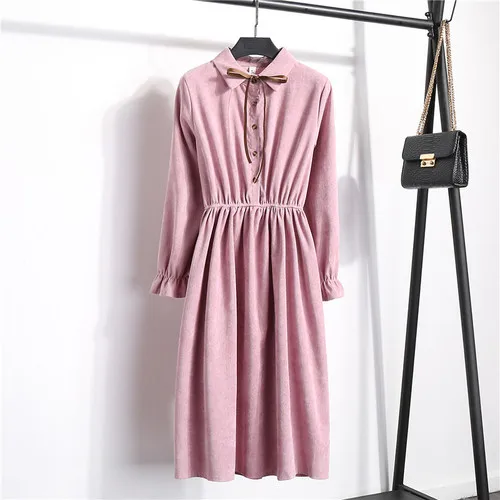 Pink Осенне-зимнее женское вельветовое платье однотонное vestidos mujer винтажное повседневное однобортное платье трапециевидной формы с воротником-стойкой и длинными рукавами - Цвет: Pink