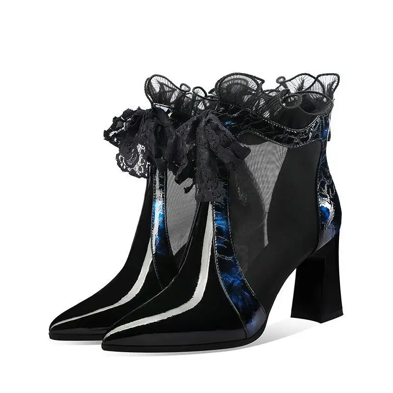 

Mesh Sandals Boots Woman 2021 High Heels Ankle Summer Boots Pointed toe Sexy Lace Shoes for Female Blue Wine - red