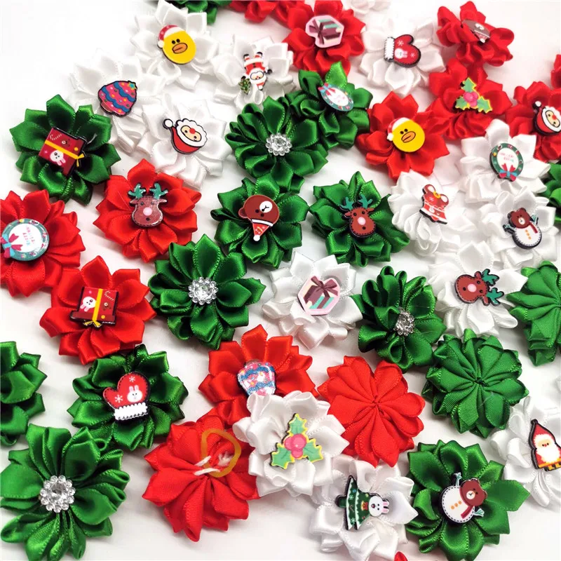 

50/100PCS Christmas Dog Grooming Bows Pet Dog Hair Rubber Bands Rhinestone Santa Snowman Style Small Dog Hair Bows Pet Supplies