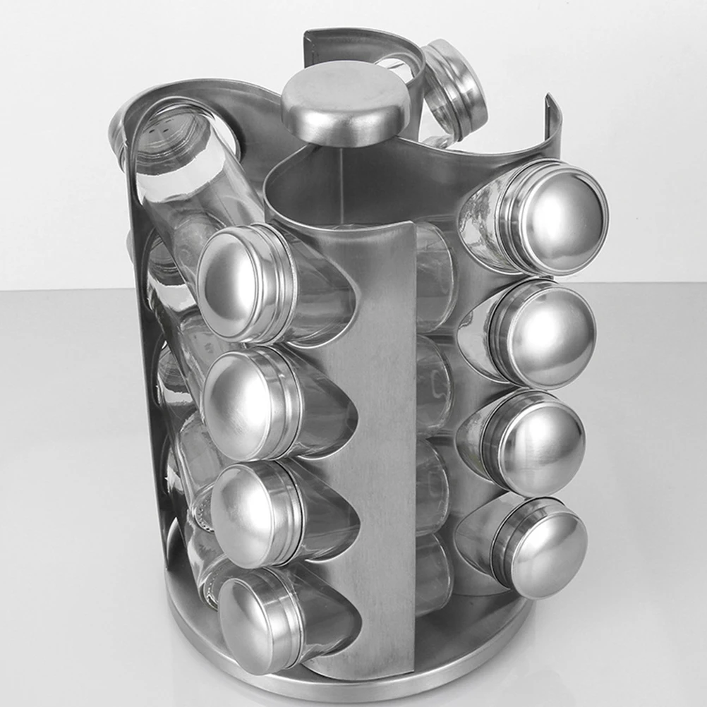 

1 Set of Rotary Seasoning Jar Rack Stainless Steel Condiment Pot Rack Glass Empty Seasoning Bottles (16PCS Bottels and 1PC Rack)