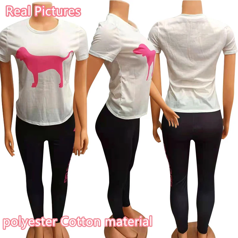 

PINK Letter Print Short Sleeves Tshirt Tops + Pants Casual Two Piece Set Summer Women Tracksuits Sport 2pcs Outfits Streetwear
