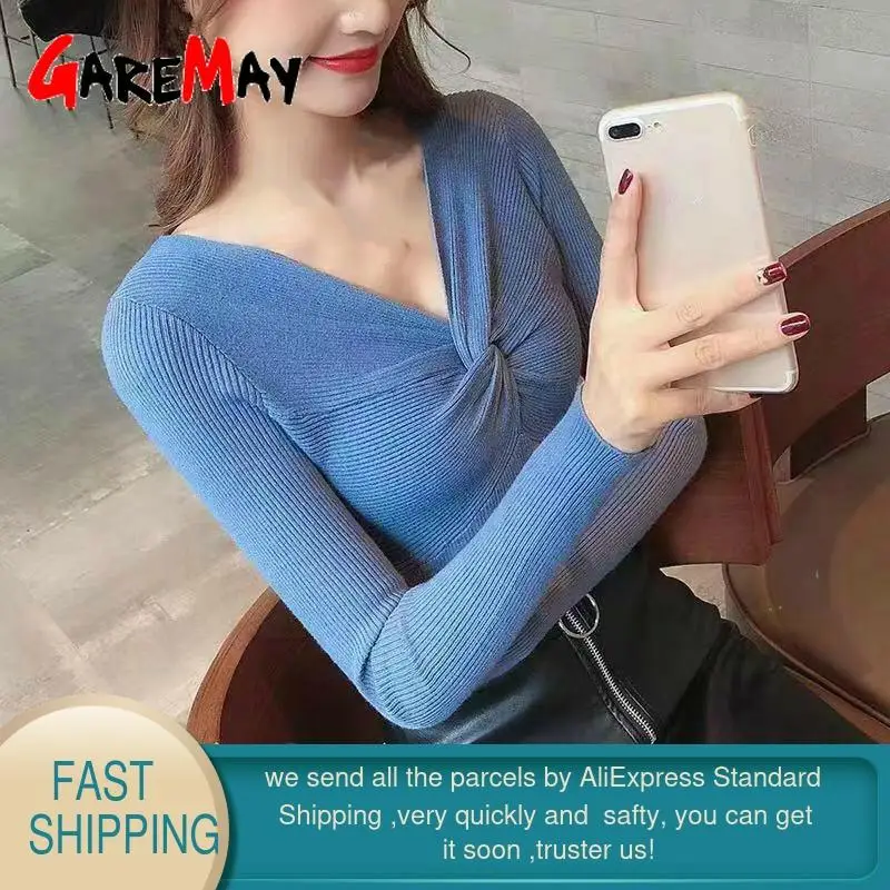 Женский свитер пуловер с вырезом в виде буквы V вязаный теплый длинный рукав