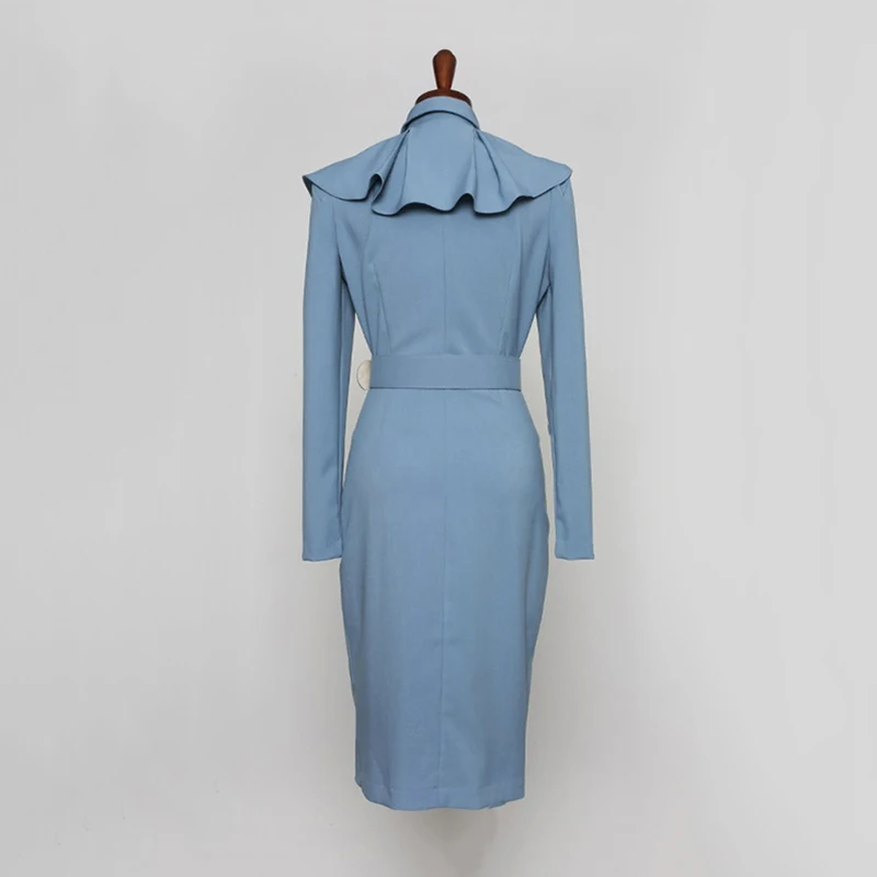 

With Belt ! Woman Dress Office Ladies Autumn Fashion Dress Women New Style Elegance Full Sleeve Double-Breasted Slim Dress SL365