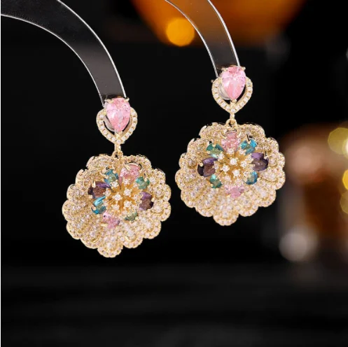 

s925 silver needle color zircon inlaid earrings trendy three-dimensional flower earrings