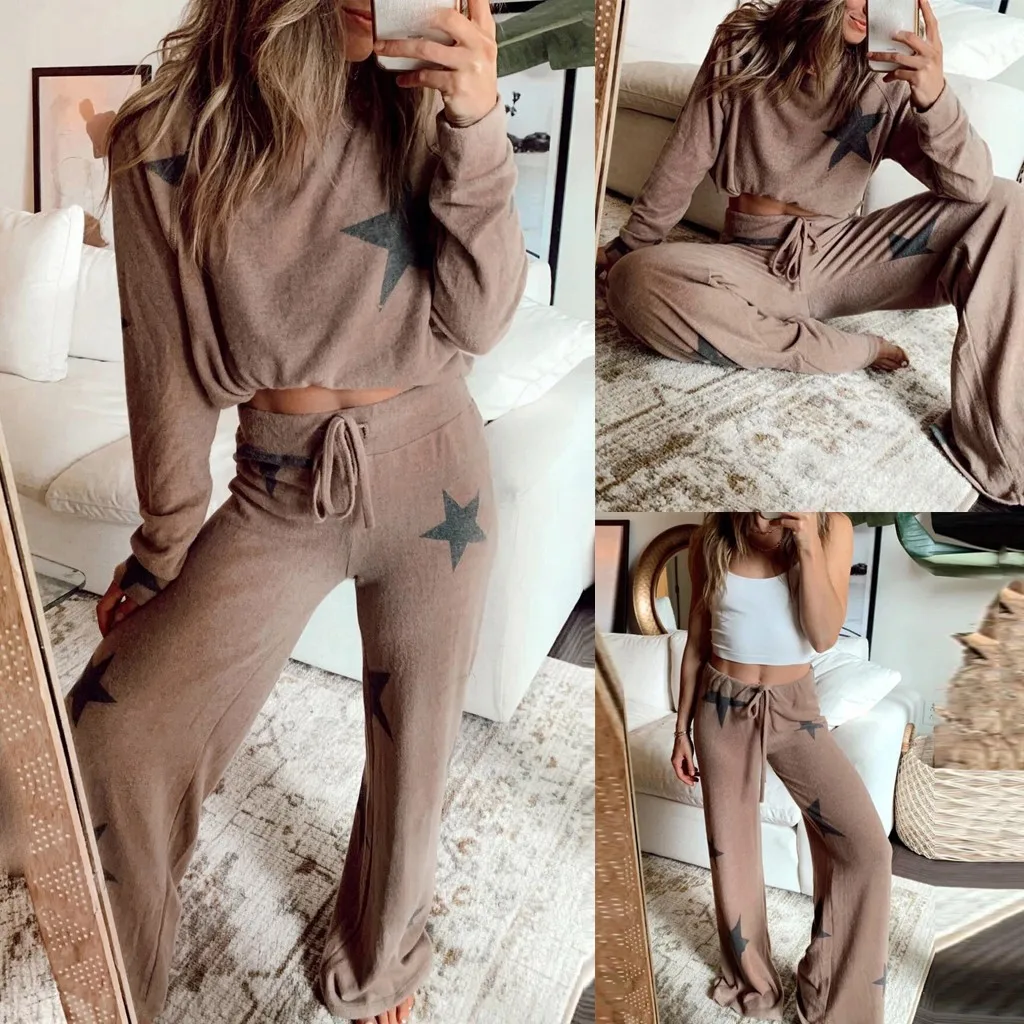 Autumn Women Stars Print Two Piece Set Long Sleeve Leisure Pocket Home Sweatpants Sets Loose Tracksuits Sportwear #3 |