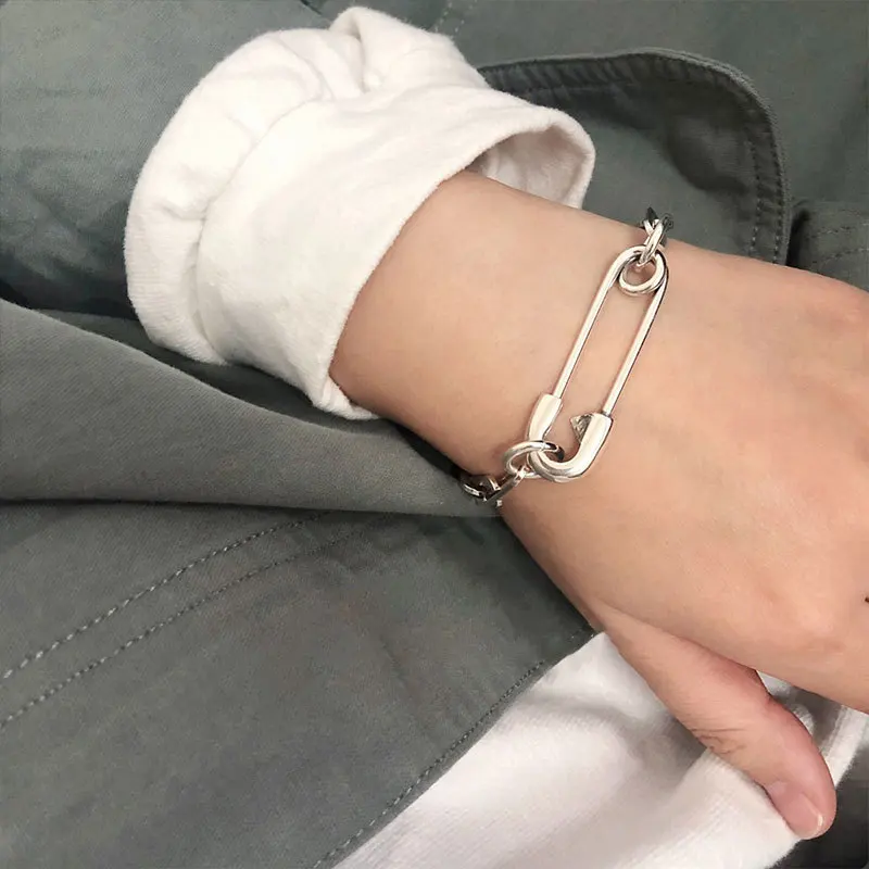 

VENTFILLE 925 Sterling Silver Thick Chain Bracelets for Women New Fashion Hip Hop Vintage Creative Hollow Pin Design