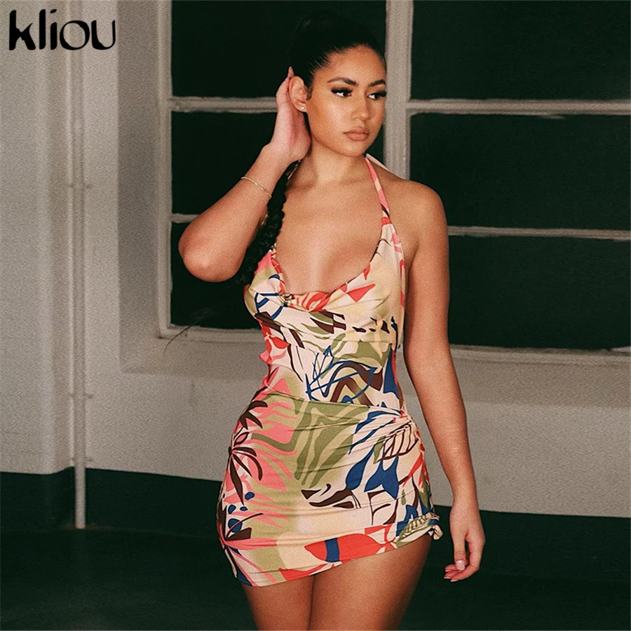 

Print Drawstring Bandage Camisole Dress Women 2021 Streetwear Color Match Backless Sexy Skinny Slim Bodycon Mini Dresses