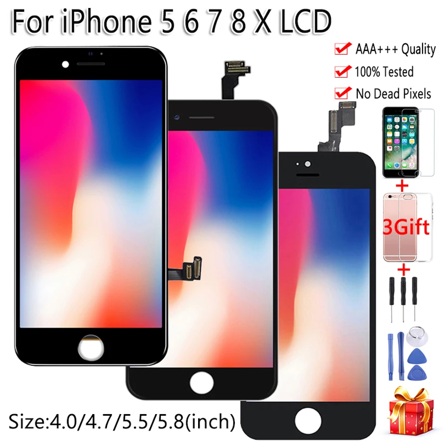 

AAA+++ Display For iPhone 6 6S 7 8 Plus LCD Touch Screen Digitizer Replacement Free Gift Tested 3D Screen For iPhone 5S 6S LCD