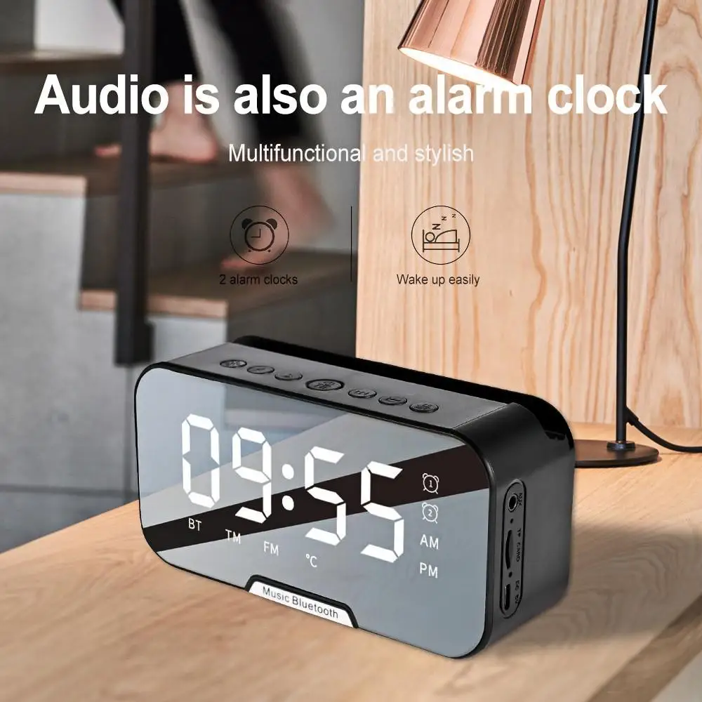 Bluetooth 5.0 Portable Wireless Mirror Loudspeakers Stereo Music Sound Box Alarm Clock for TF AUX Card FM Radio Player | Электроника