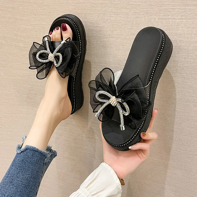 

Flat Shoes Female Woman's Slippers Platform Luxury Slides Butterfly-Knot Heeled Mules 2021 Designer High PU Fashion High-Heeled