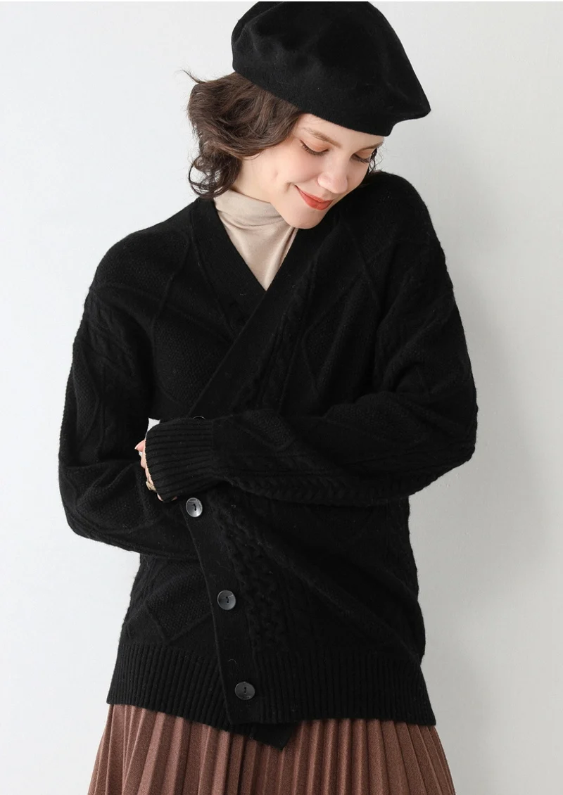 Women's 100% Real Wool Thick Type Buttons down Long Sleeve cableknit Sweater Cardigan Top Shirt YS008
