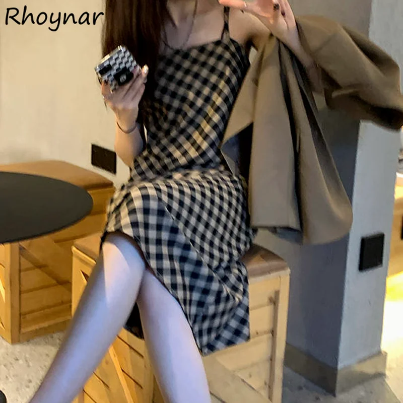 

Sleeveless Dress Women Mid-calf Inside Plaid Simple Popular Girlish All Match Design Autumn Empire Fashion Leisure Daily Vestido