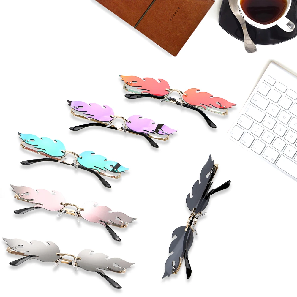 

FORAUTO Rimless Wave Sunglasses Fire Flame Sunglasses Streetwear Car Driving Glasses Trending Narrow Fashion UV 400 Eyewear
