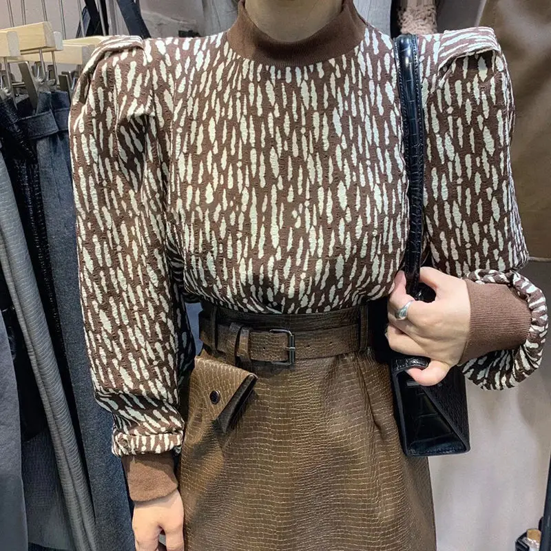 

Women's Pullover Vintage Printing Chiffon Shoulder Pad Puff Long Sleeves Loose Tops Wholesale 2021 New Fashion Lady Clothing