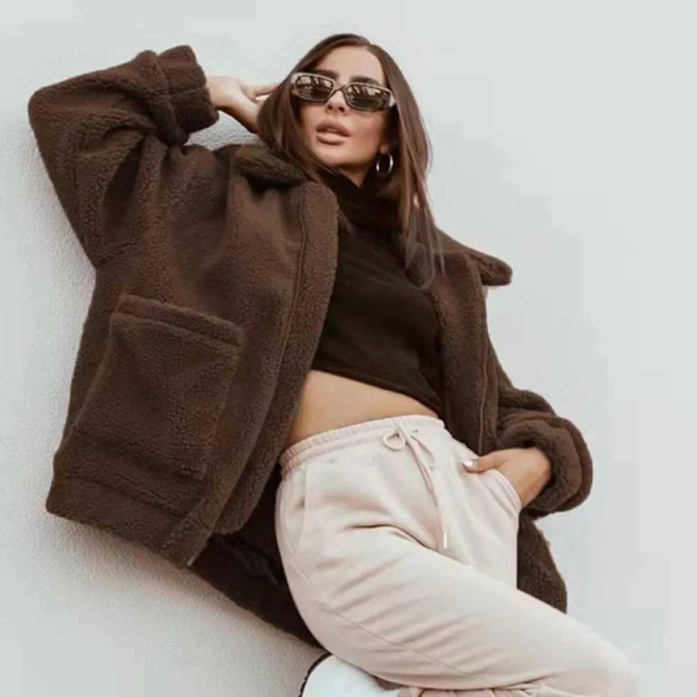 

Fashion New 2021 Winter Teddy Jacket Women Basic Coat Cardigan Solid Black Brown Casual High Street Pocket Zipper Thicken Coats