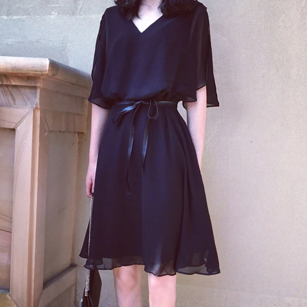 Японское корейское летнее минималистичное шифоновое платье Черное женское