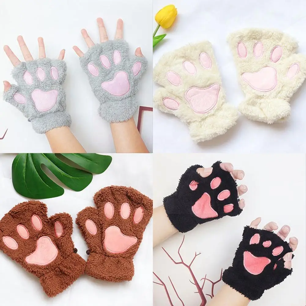 

1 пара зимние женские перчатки, плюшевые перчатки с когтями медведя, Симпатичные безпальцевые варежки с котенком из искусственного меха, пе...