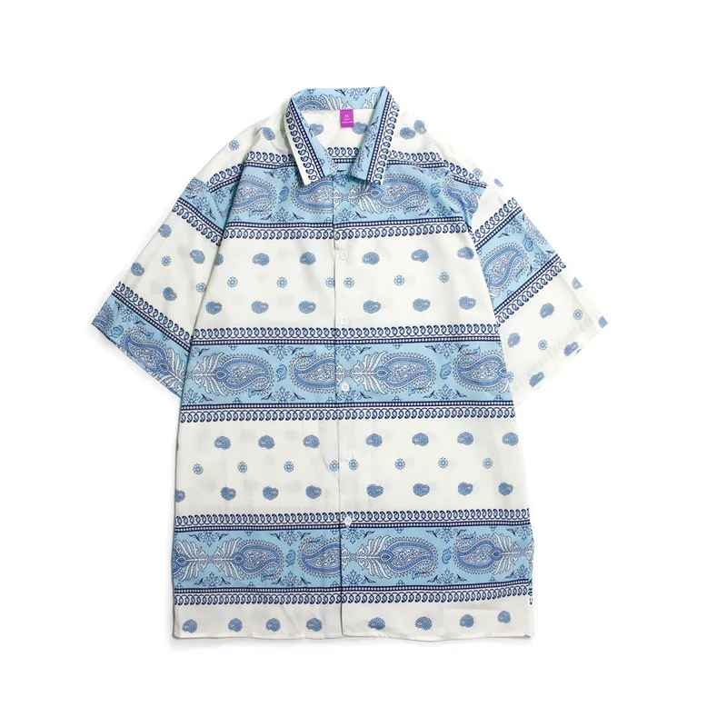 

New Summer Shirt Women Oversize Streetwear Loose Lapel Short Sleeve Blouse Vintage Color Matching Print Straight Single Breasted