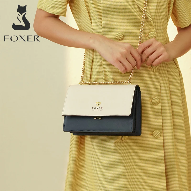foxer office women split leather commuter shoulder bag fashion hit color crossbody bag large capacity organ style chain bag girl free global shipping