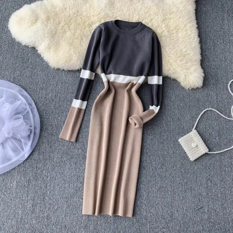 ALPHALMODA осенне-зимнее женское трикотажное платье хит цвета новое ретро с высокой талией цветное с длинным рукавом тонкое трикотажное цельное платье