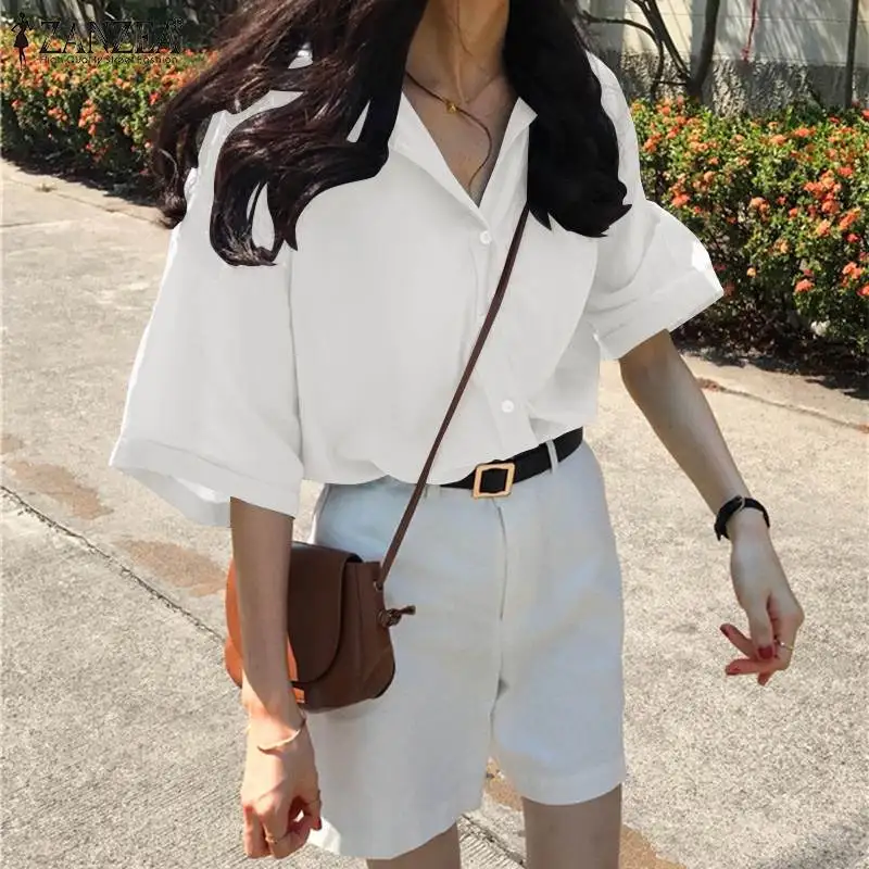 

Fashion Lapel Neck 3/4 Sleeve Shirt ZANZEA Summer Women Blouse Female Buttons Down Tops Tunic Chemise Loose Casual Solid Blusas