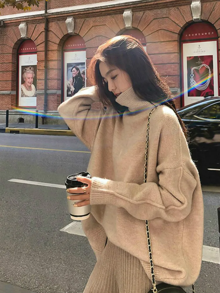 

Women Loose Lazy Autumn Winter Thick Sweaters Wear 2021 New Long Sleeve Turtlenck Knitted Shirt Pullover Wool Tops