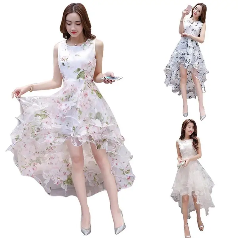 

Women Tulle Dress Fashion Spring Summer Mid-length Dresses Sleeveless Elegant Slim Front Short Back Long Puffy Party Dress