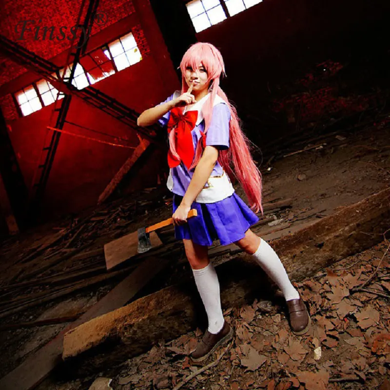 Mirai Nikki Gasai Yuno Anime Cosplay Costume - Lolita Sailor Style with Loli Bow and Short Skirt, includes Wig (80cm Length) for Women image 6